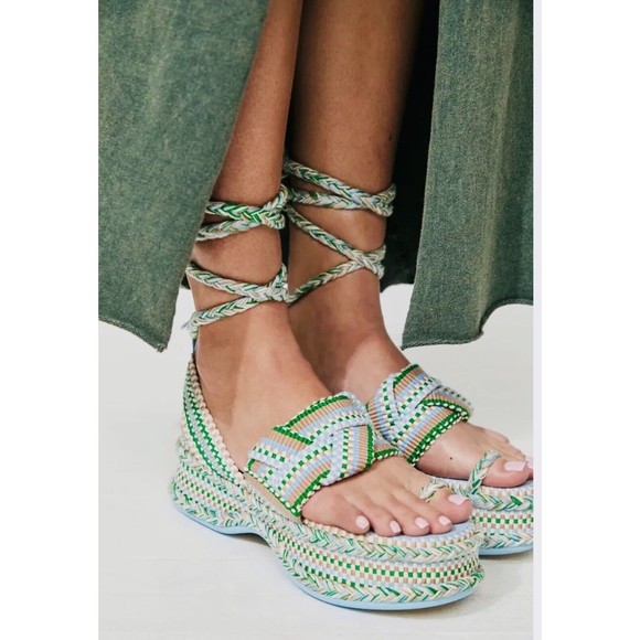 Anthropologie Amambaih Women Manuela Green Blue Strappy Wedge Sandals Sz 36/5 US - Picture 1 of 14